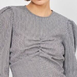 ZARA Black & White Mini Stripe Ruched Front Long Puff Sleeve Top XL NWOT